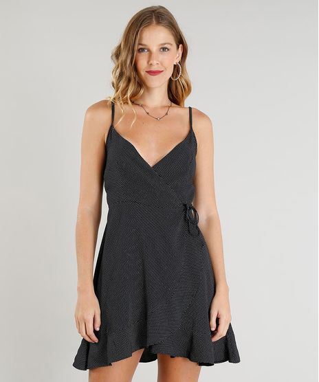 Vestido-Feminino-Curto-Envelope-Estampado-de-Poa-Decote-V-Preto-9393060-Preto_1
