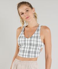 Regata-Feminina-Cropped-Estampada-Xadrez-com-Vazados-Decote-V-Off-White-9436135-Off_White_1