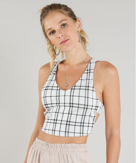 Regata-Feminina-Cropped-Estampada-Xadrez-com-Vazados-Decote-V-Off-White-9436135-Off_White_1