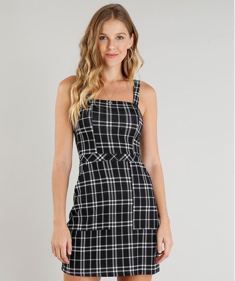 Vestido-Feminino-Curto-Xadrez-com-Bolso-Alca-Media-Preto-9436136-Preto_1