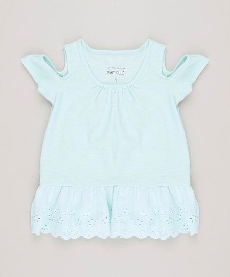 Blusa Infantil Open Shoulder com Laise Manga Curta Decote Redondo Verde Claro Menor preço em Blusa Infantil Open Shoulder com Laise Manga Curta Decote Redondo Verde Claro