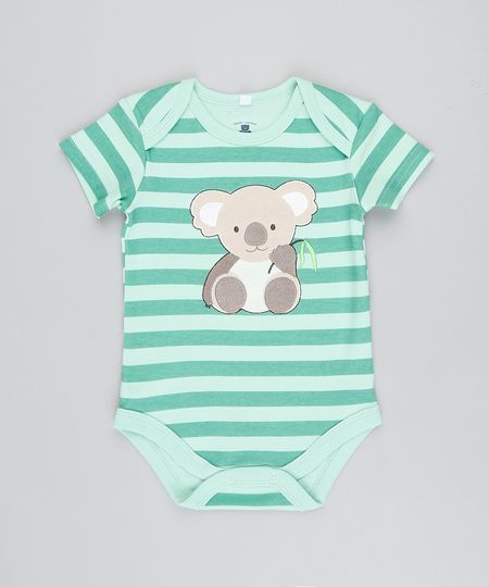 Body Infantil Coala Listrado Manga Curta Verde Claro Menor preço em Body Infantil Coala Listrado Manga Curta Verde Claro