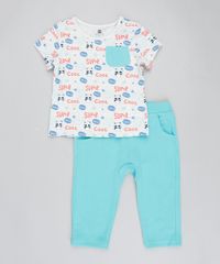 Conjunto-Infantil-de-Camiseta-Estampada-de-Panda-Manga-Curta-Cinza-Mescla-Claro---Calca-em-Moletom---Babador-Verde-Claro-9205073-Verde_Claro_1