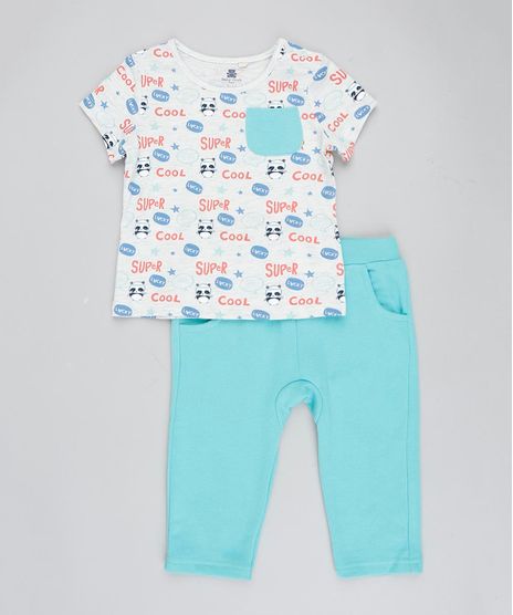 Conjunto-Infantil-de-Camiseta-Estampada-de-Panda-Manga-Curta-Cinza-Mescla-Claro---Calca-em-Moletom---Babador-Verde-Claro-9205073-Verde_Claro_1