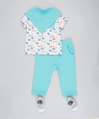 Conjunto-Infantil-de-Camiseta-Estampada-de-Panda-Manga-Curta-Cinza-Mescla-Claro---Calca-em-Moletom---Babador-Verde-Claro-9205073-Verde_Claro_3