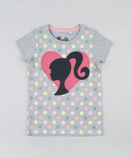 Blusa Infantil Barbie Estampada de Poá com Glitter Manga Curta Decote Redondo Cinza Mescla Menor preço em Blusa Infantil Barbie Estampada de Poá com Glitter Manga Curta Decote Redondo Cinza Mescla