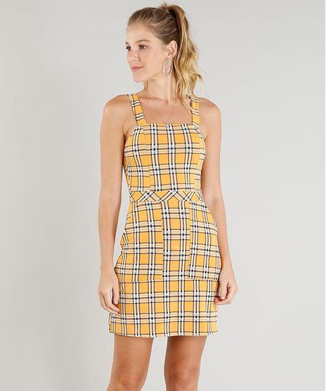 Vestido-Feminino-Curto-Xadrez-com-Bolso-Alca-Media-Mostarda-9436137-Mostarda_1