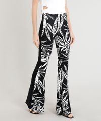 Calca-Flare-Feminina-Estampada-de-Folhagem-com-Recorte-Lateral-em-Malha-Preta-9413258-Preto_1