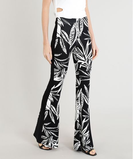 Calca-Flare-Feminina-Estampada-de-Folhagem-com-Recorte-Lateral-em-Malha-Preta-9413258-Preto_1