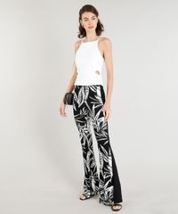 Calca-Flare-Feminina-Estampada-de-Folhagem-com-Recorte-Lateral-em-Malha-Preta-9413258-Preto_3