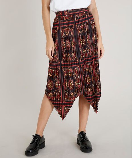 Saia-Midi-Feminina-Plissada-com-Pontas-Estampada-de-Arabescos-Preta-9479939-Preto_1