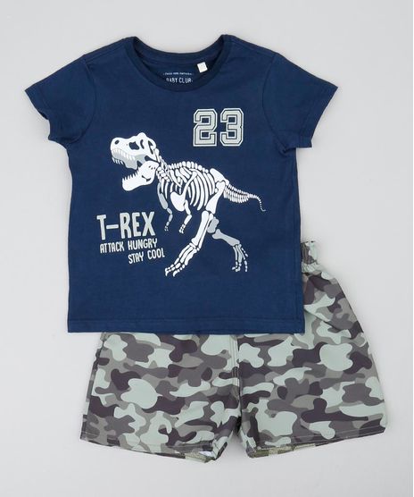 Conjunto-Infantil-de-Camiseta-Dinossauro-Manga-Curta-Azul-Marinho---Bermuda-Estampada-Camuflada-Verde-9428681-Verde_1