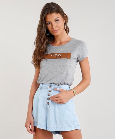 Blusa Feminina "Texas" com Suede Manga Curta Decote Redondo Cinza Mescla Menor preço em Blusa Feminina "Texas" com Suede Manga Curta Decote Redondo Cinza Mescla