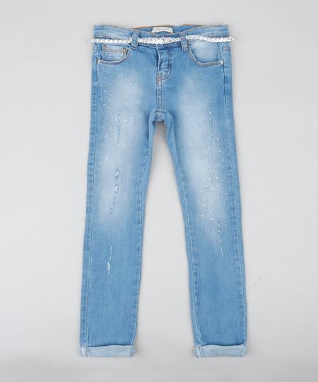 Calça Jeans Infantil com Strass e Cinto Trançado Azul Claro Menor preço em Calça Jeans Infantil com Strass e Cinto Trançado Azul Claro