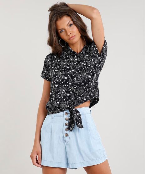Camisa-Feminina-Cropped-Estampada-de-Estrelas-com-No-Manga-Curta-Preta-9369571-Preto_1