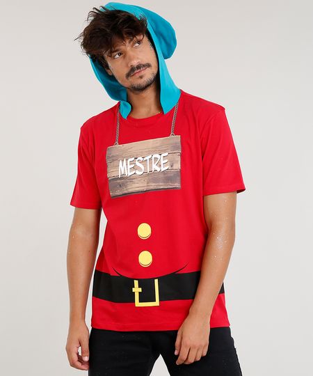 Camiseta Masculina Carnaval 7 Anões "Mestre" com Capuz Vermelha Menor preço em Camiseta Masculina Carnaval 7 Anões "Mestre" com Capuz Vermelha