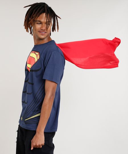 Camiseta Masculina Carnaval Super Homem com Capa Manga Curta Gola Careca Azul Marinho Menor preço em Camiseta Masculina Carnaval Super Homem com Capa Manga Curta Gola Careca Azul Marinho