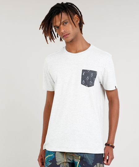 Camiseta Masculina Mescla com Bolso Estampado Manga Curta Gola Careca Off White Menor preço em Camiseta Masculina Mescla com Bolso Estampado Manga Curta Gola Careca Off White