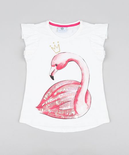 Blusa Infantil Carnaval Flamingo com Paetê e Babado Manga Curta Decote Redondo Off White Menor preço em Blusa Infantil Carnaval Flamingo com Paetê e Babado Manga Curta Decote Redondo Off White