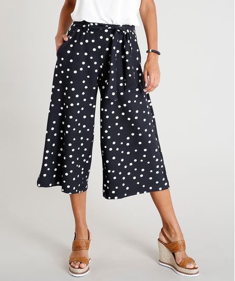 Calca-Pantacourt-Feminina-Estampada-de-Poa-com-Faixa-de-Amarrar-Preta-9284902-Preto_1