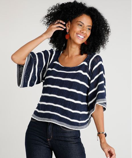 Blusa-Feminina-Ampla-Listrada-em-Trico-Manga-Curta-Decote-Redondo-Azul-Marinho-9314104-Azul_Marinho_1