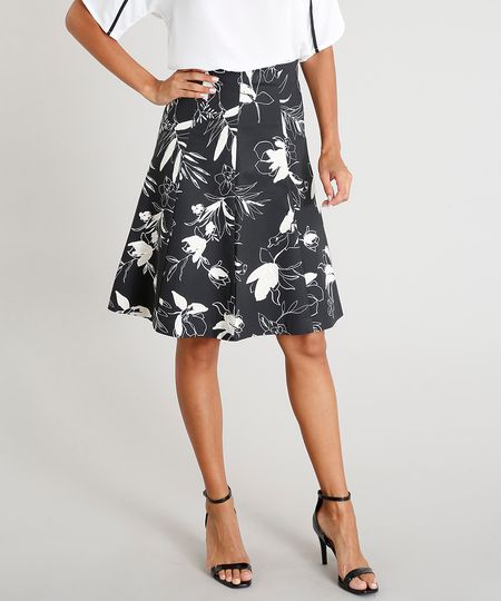 Saia Feminina Evasê Curta Estampada Floral Preta Menor preço em Saia Feminina Evasê Curta Estampada Floral Preta