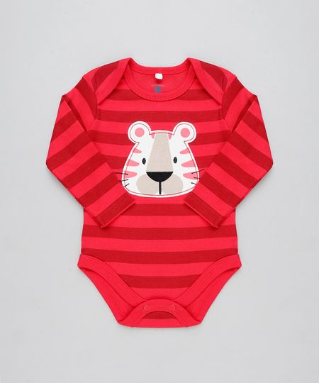 Body Infantil Tigre Listrado Manga Longa Vermelho Menor preço em Body Infantil Tigre Listrado Manga Longa Vermelho