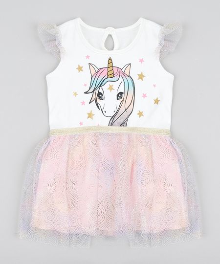Vestido Infantil Carnaval Unicórnio com Tule Off White Menor preço em Vestido Infantil Carnaval Unicórnio com Tule Off White