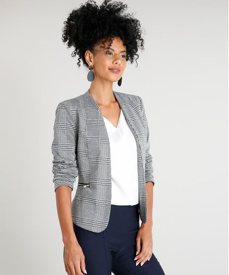 Blazer-Feminino-Estampado-Xadrez-com-Ziper-Cinza-9383124-Cinza_1