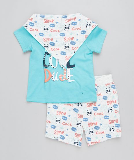 Conjunto-Infantil-de-Camiseta-Manga-Curta-Verde-Agua---Bermuda-Estampada-em-Moletom---Babador-Cinza-Mescla-Claro-9205072-Cinza_Mescla_Claro_1