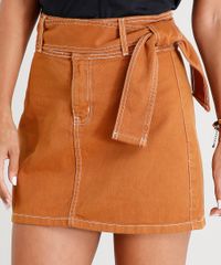 Saia-de-Sarja-Feminina-Curta-com-Pespontos-e-Faixa-de-Amarrar--Caramelo-9458583-Caramelo_4