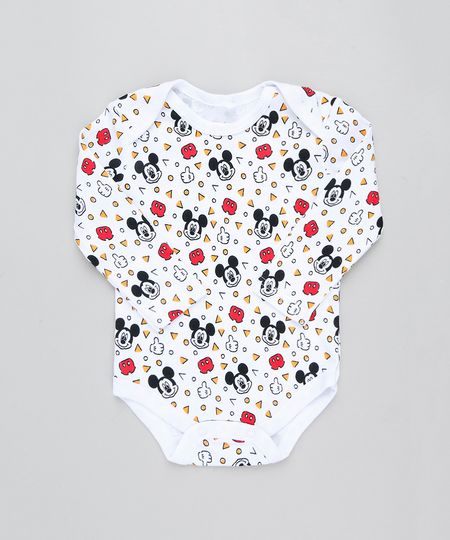 Body Infantil Mickey Estampado Manga Longa Decote Redondo Branco Menor preço em Body Infantil Mickey Estampado Manga Longa Decote Redondo Branco