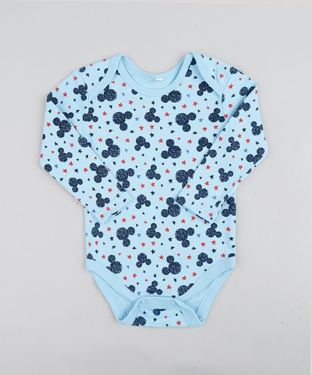 Body Infantil Mickey Estampado Manga Longa Decote Redondo Azul Claro Menor preço em Body Infantil Mickey Estampado Manga Longa Decote Redondo Azul Claro