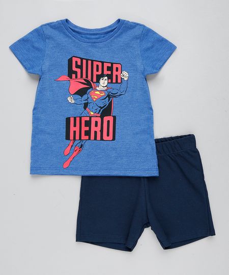 Conjunto Infantil Super Homem de Camiseta Manga Curta Azul + Bermuda em Moletom Azul Marinho Menor preço em Conjunto Infantil Super Homem de Camiseta Manga Curta Azul + Bermuda em Moletom Azul Marinho