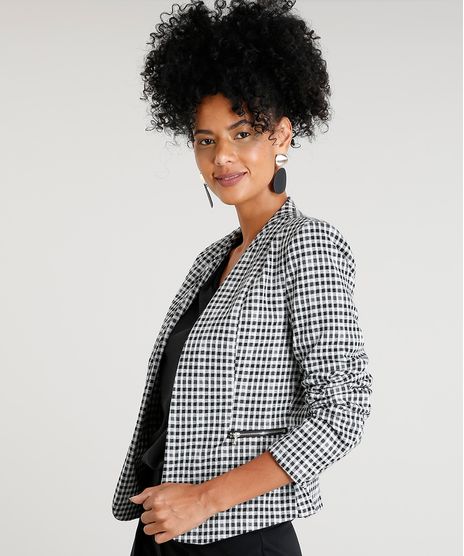 Blazer-Feminino-Estampado-Xadrez-Vichy-com-Ziper-Preto-9382143-Preto_1