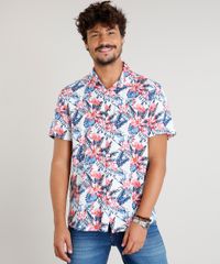 Camisa-Masculina-Estampada-de-Folhagem-com-Flamingos-Manga-Curta-Branca-9471548-Branco_1
