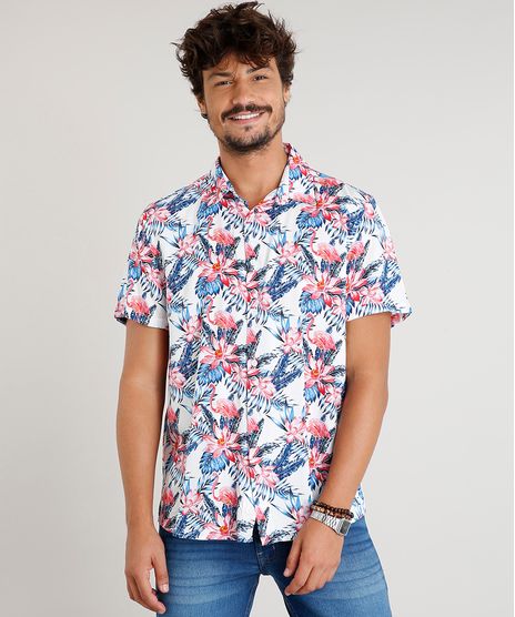 Camisa-Masculina-Estampada-de-Folhagem-com-Flamingos-Manga-Curta-Branca-9471548-Branco_1