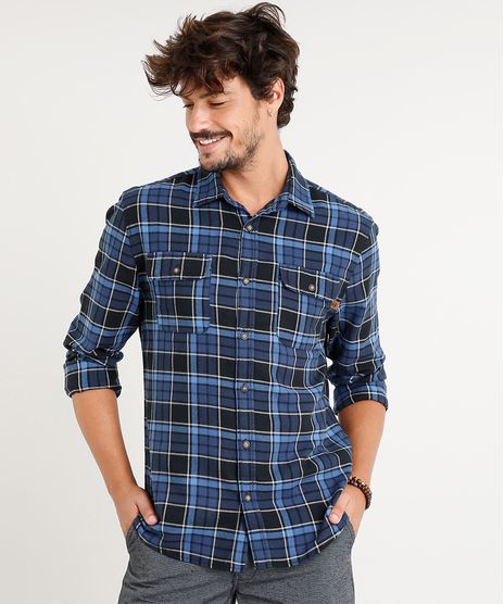 Camisa-Masculina-Flanela-Estampada-Xadrez-com-Bolsos-Manga-Longa-Azul-Marinho-9365239-Azul_Marinho_1