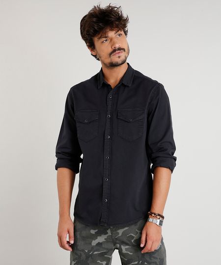 Camisa-de-Sarja-Masculina-com-Bolsos-Manga-Longa-Preta-9393925-Preto_1