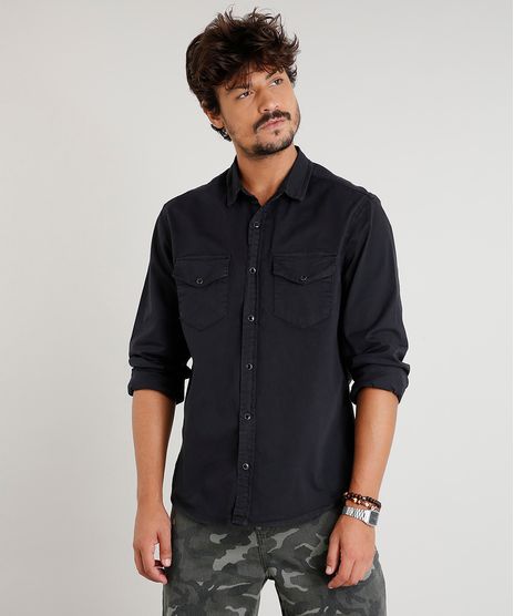 Camisa-de-Sarja-Masculina-com-Bolsos-Manga-Longa-Preta-9393925-Preto_1