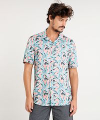 Camisa-Masculina-Estampada-de-Folhagem-com-Bolso-Manga-Curta-Coral-9434801-Coral_1