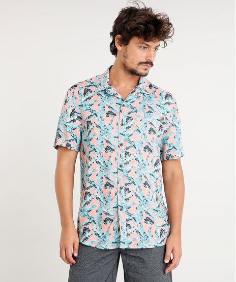 Camisa-Masculina-Estampada-de-Folhagem-com-Bolso-Manga-Curta-Coral-9434801-Coral_1