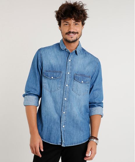Camisa-Jeans-Masculina-com-Bolsos-Manga-Longa-Azul-Medio-9393926-Azul_Medio_1