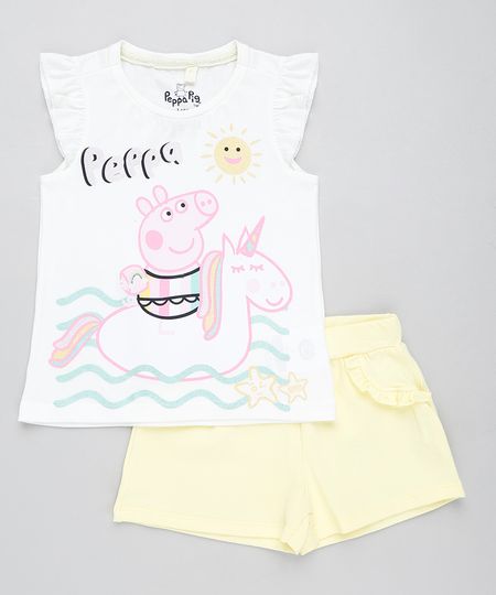 Conjunto Infantil Peppa Pig de Regata Off White + Short com Babado Amarelo Menor preço em Conjunto Infantil Peppa Pig de Regata Off White + Short com Babado Amarelo
