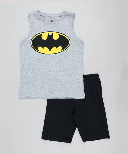 Conjunto Infantil Batman de Regata Cinza Mescla + Bermuda em Moletom Preta Menor preço em Conjunto Infantil Batman de Regata Cinza Mescla + Bermuda em Moletom Preta