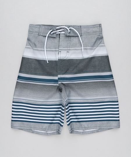 Bermuda Surf Infantil Listrada com Cordão Cinza Menor preço em Bermuda Surf Infantil Listrada com Cordão Cinza