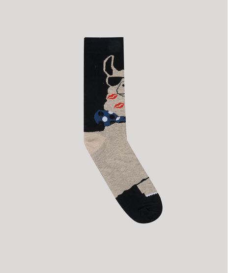 Meia-Masculina-Cano-Alto-Divertida-Lhama-Preta-9468278-Preto_1