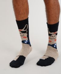 Meia-Masculina-Cano-Alto-Divertida-Lhama-Preta-9468278-Preto_2