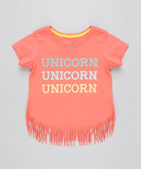 Blusa-Infantil--Unicorn--com-Franjas-Manga-Curta-Decote-Redondo-Coral-9407405-Coral_1