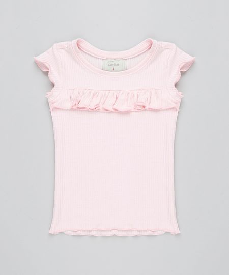 Blusa Infantil Canelada com Babado Manga Curta Decote Redondo Rosa Claro Menor preço em Blusa Infantil Canelada com Babado Manga Curta Decote Redondo Rosa Claro